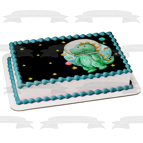 Imagen de decoración comestible para tarta con dinosaurio en el espacio, planetas y estrellas, ABPID54603 