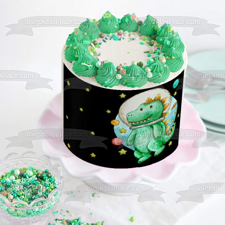 Imagen de decoración comestible para tarta con dinosaurio en el espacio, planetas y estrellas, ABPID54603 