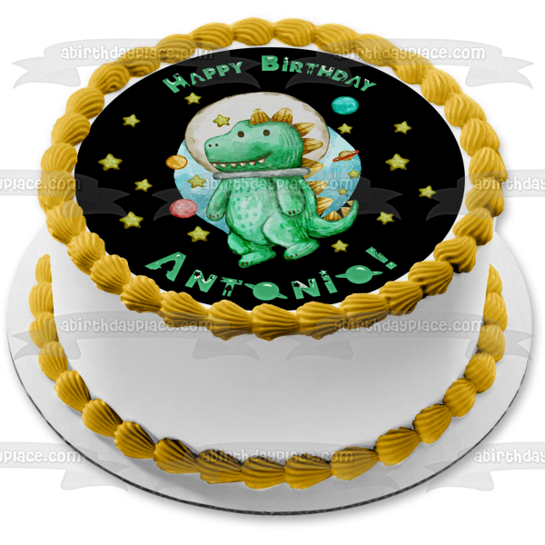 Imagen de decoración comestible para tarta con dinosaurio en el espacio, planetas y estrellas, ABPID54603 