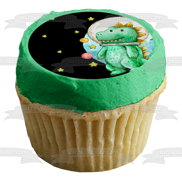 Imagen de decoración comestible para tarta con dinosaurio en el espacio, planetas y estrellas, ABPID54603 