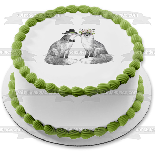 Adorno comestible para tarta con diseño de zorros del amor del bosque con flores, imagen ABPID54608 