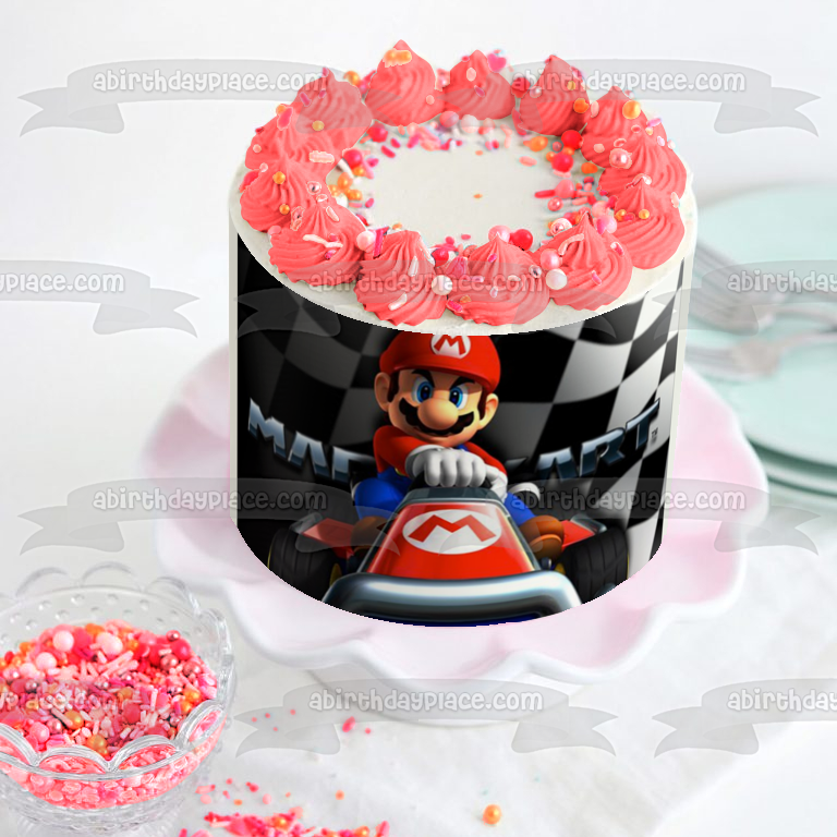 Super Mario Bros. Mario Kart Checkered Flag Edible Cake Topper Image ABPID00147