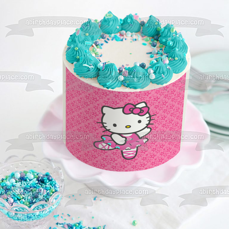 Hello Kitty Ballerina Dancing on Pink Starry Background Edible Cake Topper Image ABPID00138