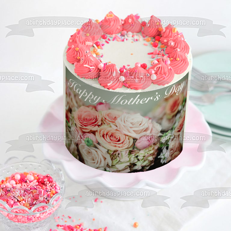 Decoración comestible para tarta con rosas rosadas del día de la madre, imagen ABPID00282 