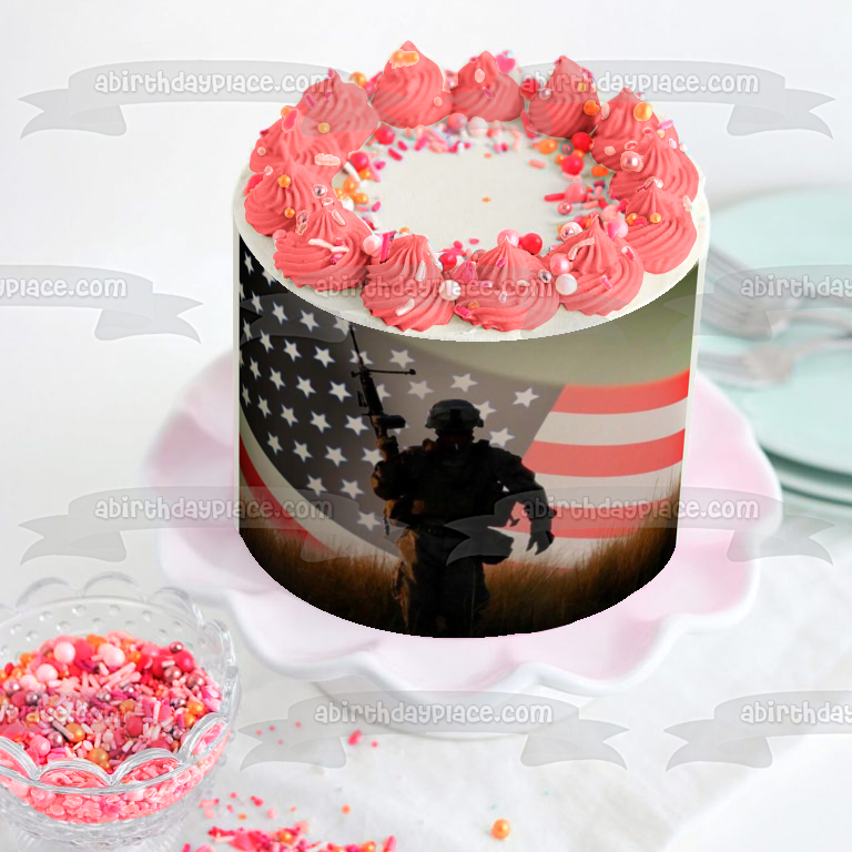 Imagen comestible para tarta con bandera estadounidense de soldado del ejército de los Estados Unidos ABPID00365 