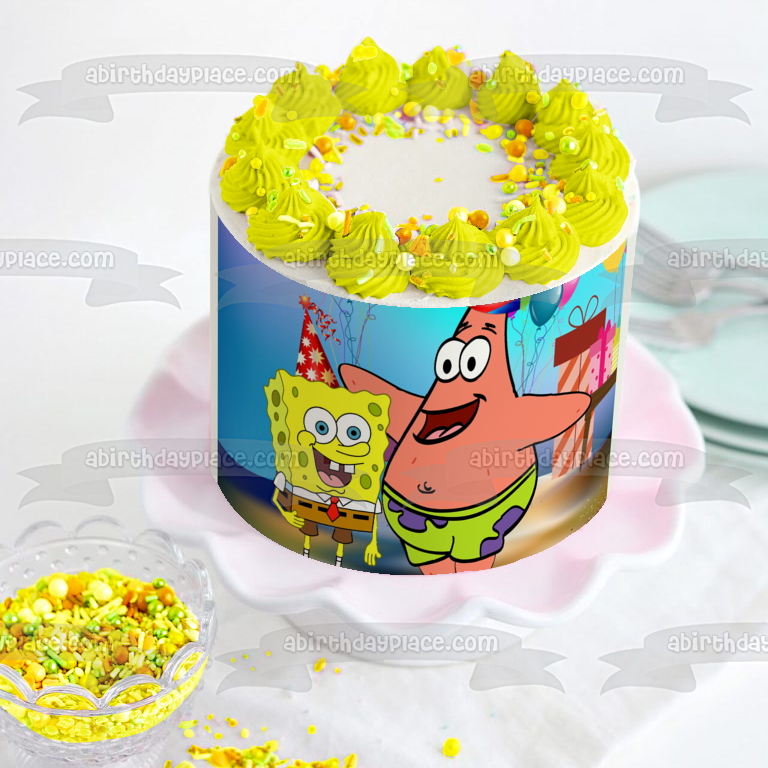 SpongeBob SquarePants Happy Birthday Patrick Party Hats Presents Balloons Edible Cake Topper Image ABPID00372