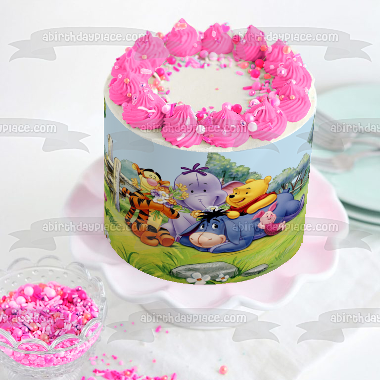 Winnie the Pooh Eeyore Piglet Tigger Heffalump Laying on the Grass Flowers Edible Cake Topper Image ABPID00376