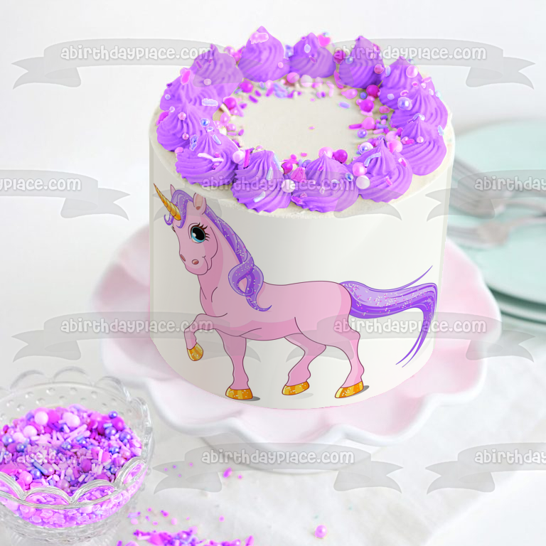 Pink Unicorn Purple Hair Leg Up Edible Cake Topper Image ABPID00416