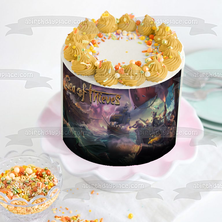 Adorno comestible para tarta con tesoro pirata y barco pirata de Sea of ​​Thieves, imagen ABPID00476 