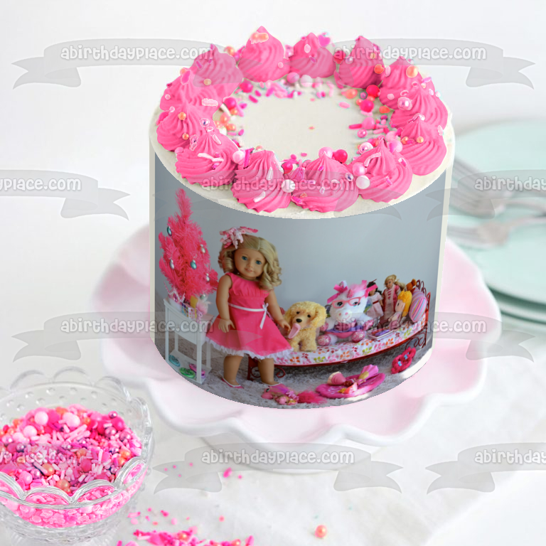 Muñeca American Girl Fashion con perro, unicornio y accesorios, adorno comestible para tarta, imagen ABPID00461 