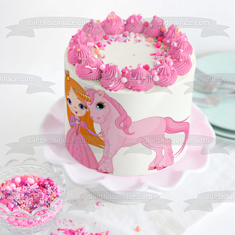 Hermosa princesa unicornio rosa adorno comestible para pastel imagen ABPID00525 