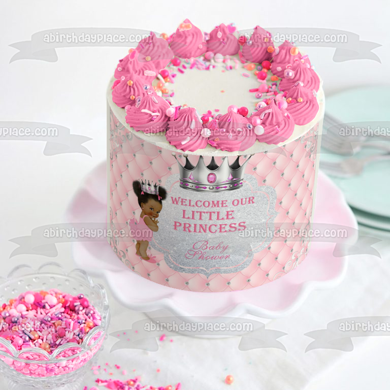 Bienvenido a nuestra pequeña princesa Afro Puff Baby Shower adorno comestible para tarta imagen ABPID00735 