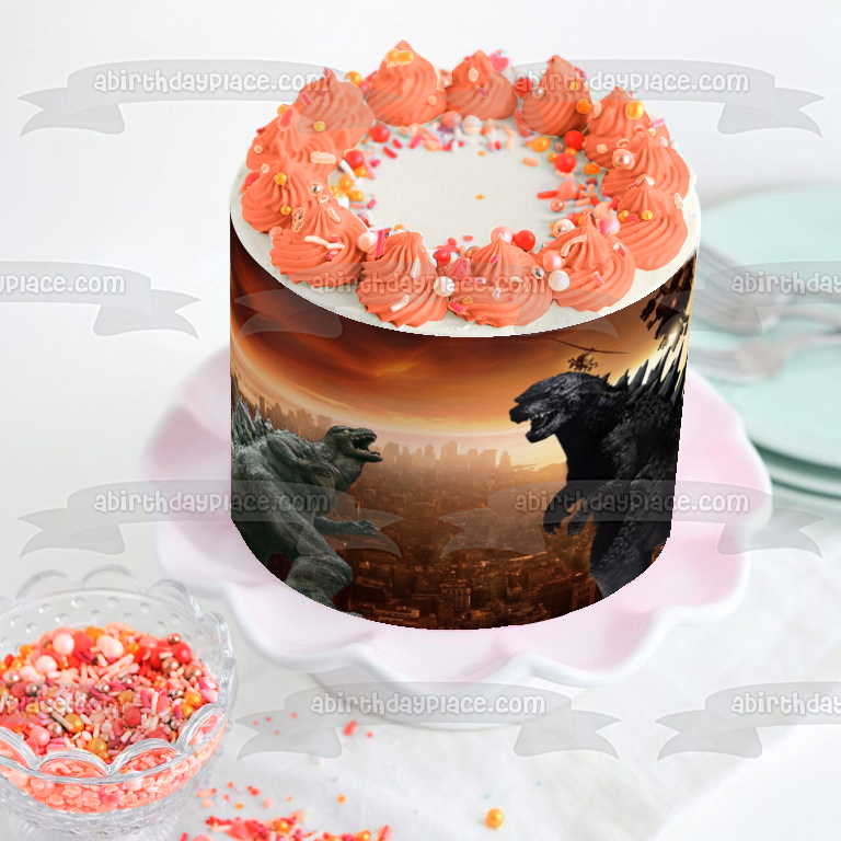 Godzilla King of the Monsters Two Godzillas Fighting Helicopters Edible Cake Topper Image ABPID00738