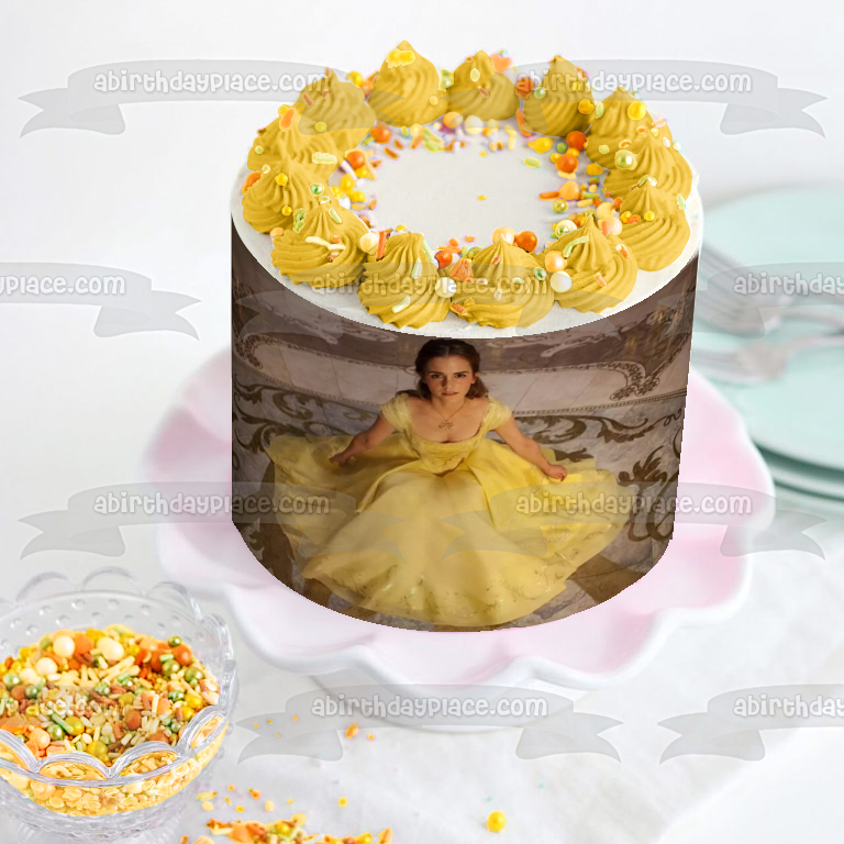 Adorno comestible para tarta con vestido amarillo de Bella y la Bestia, imagen ABPID00743 