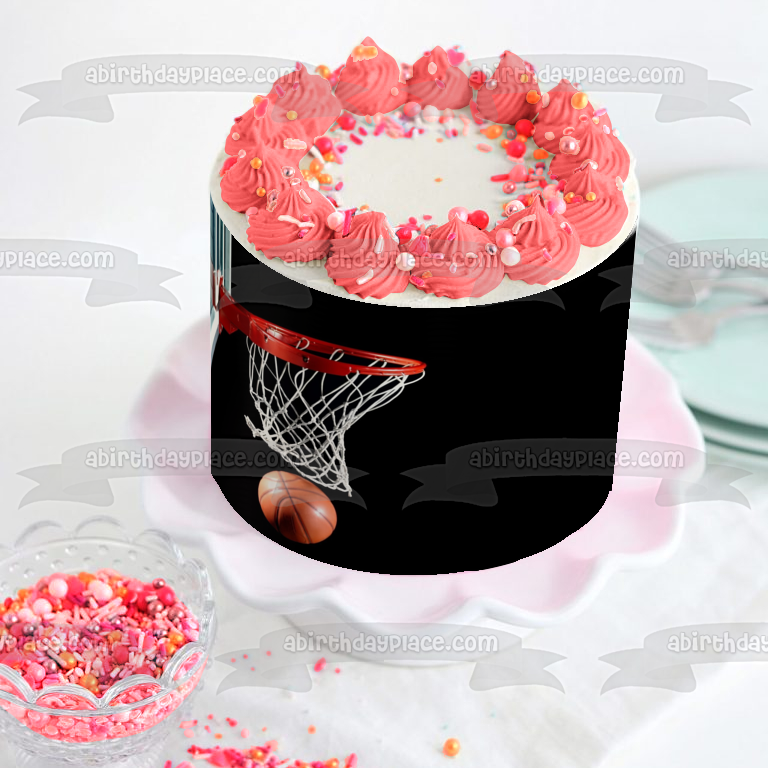 Portería de baloncesto con baloncesto sobre fondo negro Imagen comestible para decoración de tarta ABPID00783 