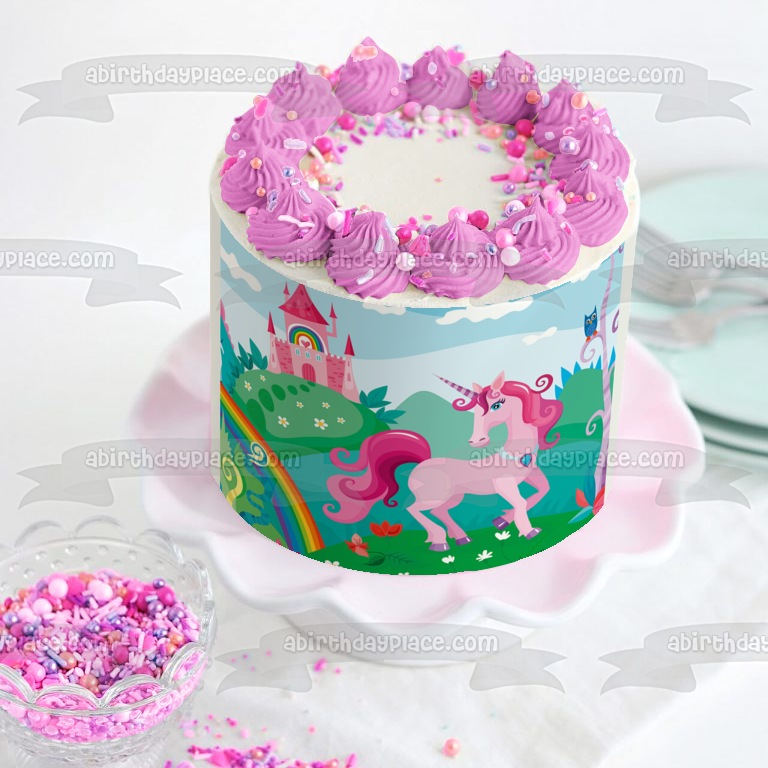 Unicorn with Rainbow Coloring Book Pink Castle Edible Cake Topper Image ABPID00820