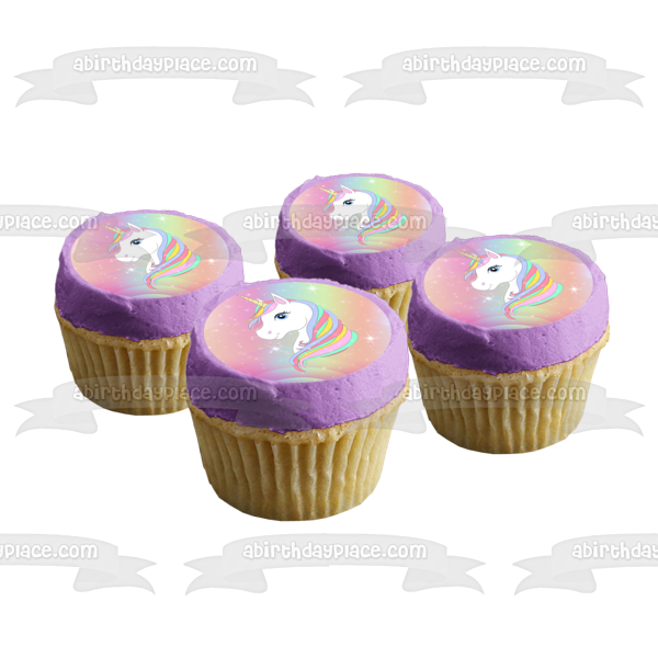 Unicornio arcoíris con destellos Personaliza con tu nombre y edad Imagen comestible para decoración de tarta ABPID54618 