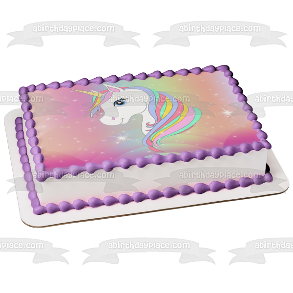 Unicornio arcoíris con destellos Personaliza con tu nombre y edad Imagen comestible para decoración de tarta ABPID54618 