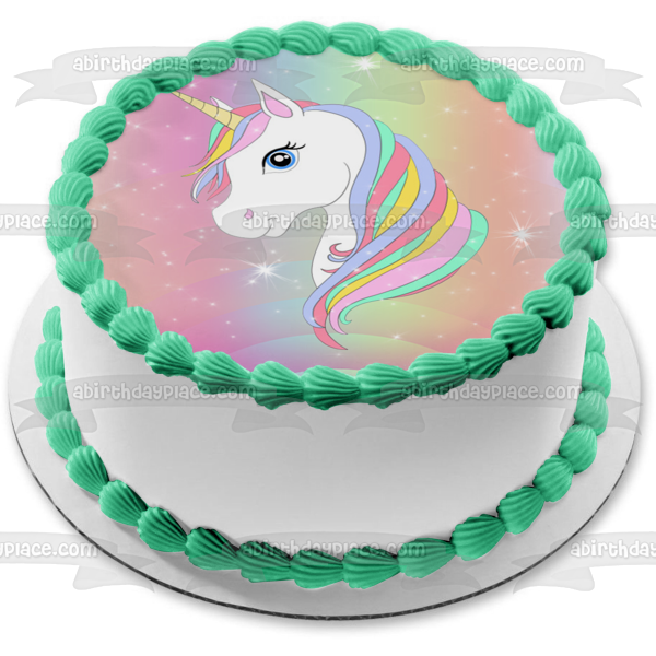 Unicornio arcoíris con destellos Personaliza con tu nombre y edad Imagen comestible para decoración de tarta ABPID54618 