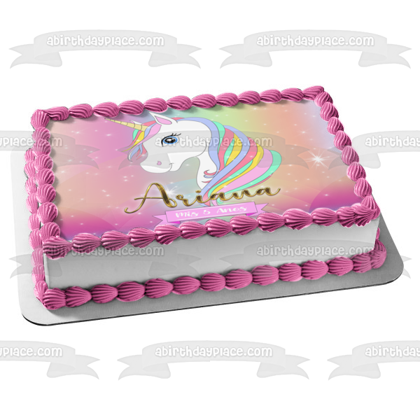 Unicornio arcoíris con destellos Personaliza con tu nombre y edad Imagen comestible para decoración de tarta ABPID54618 