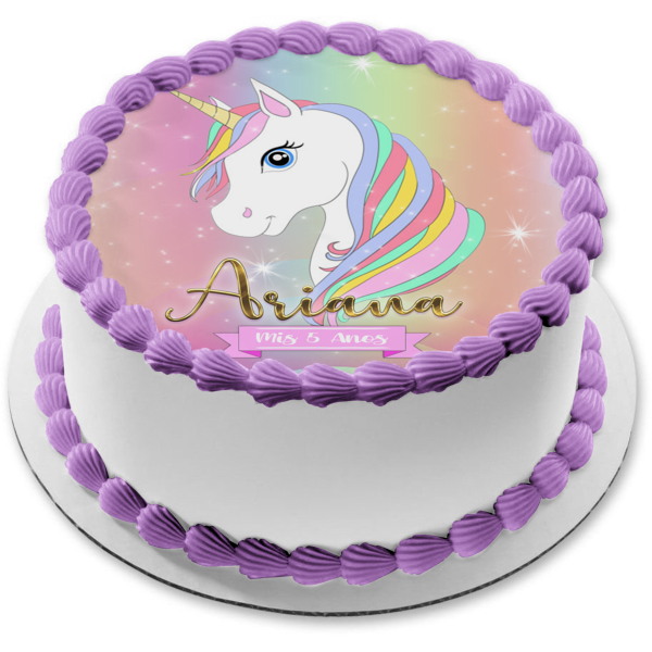 Rainbow Unicorn with Sparkles Personalize with Your Name and Age Edible Cake Topper Image ABPID54618