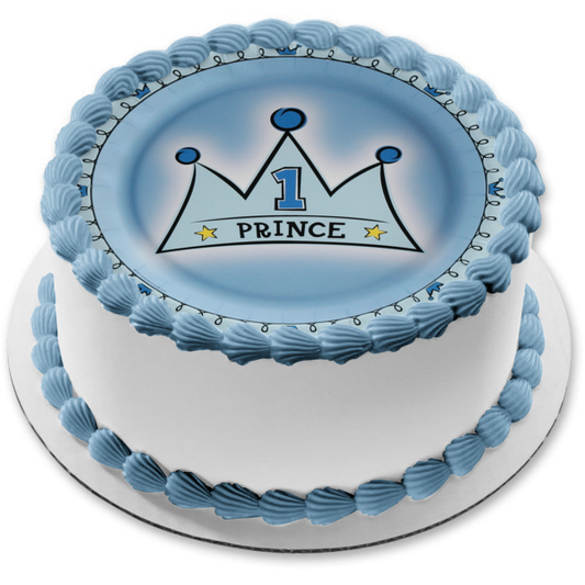 Happy 1st Birthday Prince Blue Crown Edible Cake Topper Image ABPID00858