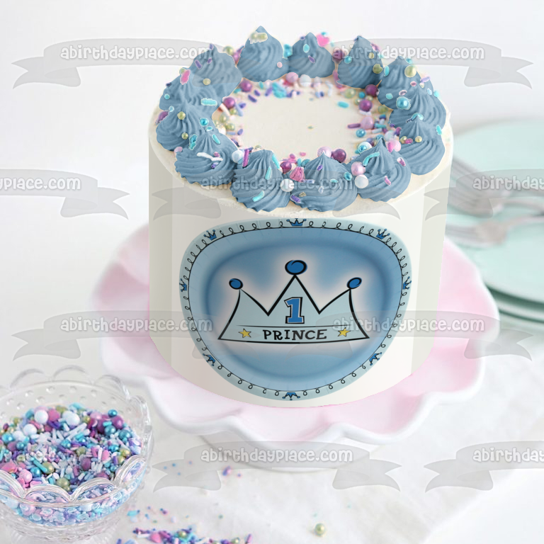 Imagen comestible para tarta de primer cumpleaños con corona azul y príncipe ABPID00858 