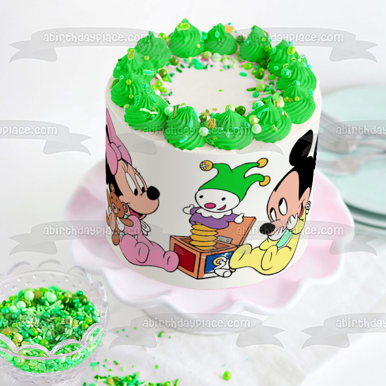 Bebé Mickey Mouse y Bebé Minnie Mouse Jack In the Box Adorno comestible para tarta Imagen ABPID01028 