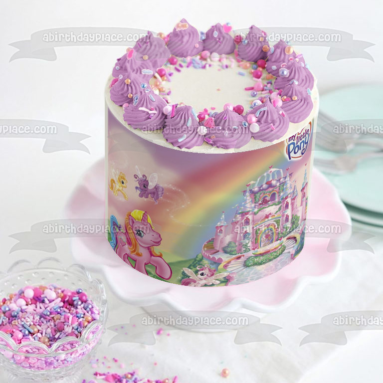 Adorno comestible para tarta con castillo rosa y ponis de My Little Pony, imagen ABPID01005 