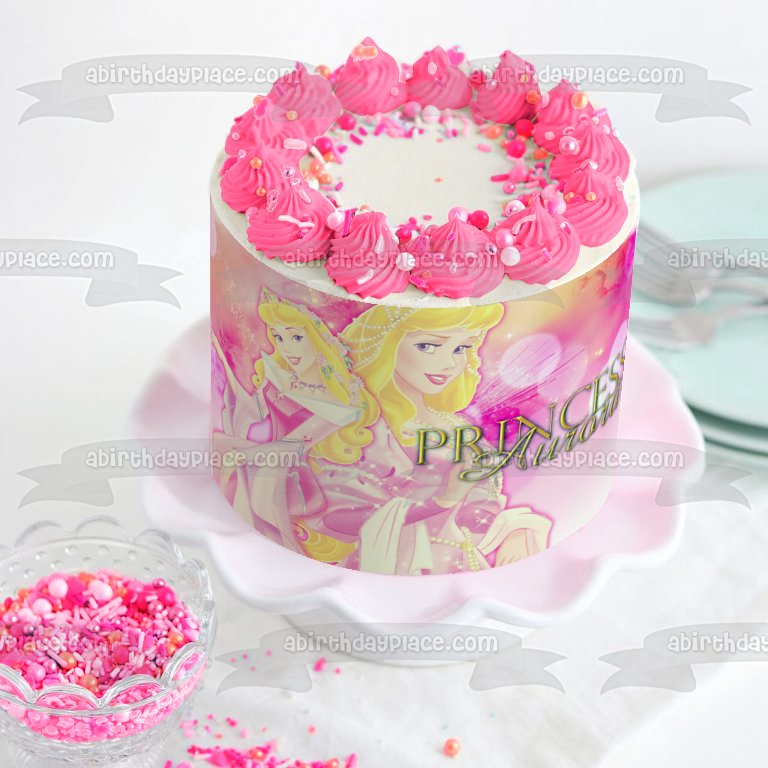 Bella Durmiente Princesa Aurora Fondo Rosa Imagen comestible para decoración de tarta ABPID01078 