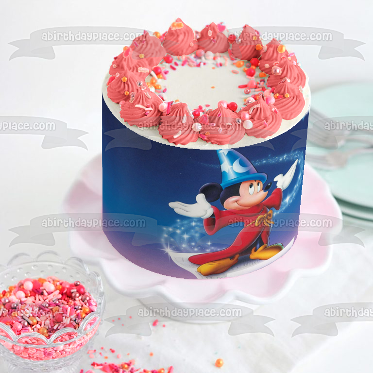 Fantasia Mickey Mouse Wizard Fondo azul Adorno comestible para tarta Imagen ABPID01091 