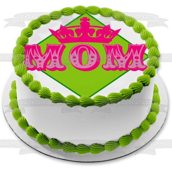 Imagen comestible para decoración de tarta con fondo de diamante verde y corona rosa de mamá ABPID01167 