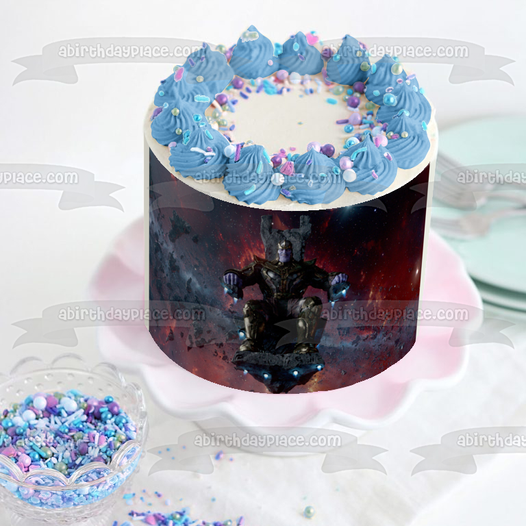 Imagen de decoración comestible para tarta con fondo del espacio exterior de Guardianes de la Galaxia Thanos ABPID01212 