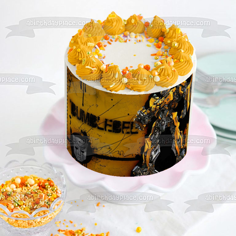 Transformers Autobot Bumblebee Standing Logo with a Yellow Background Edible Cake Topper Image ABPID01233