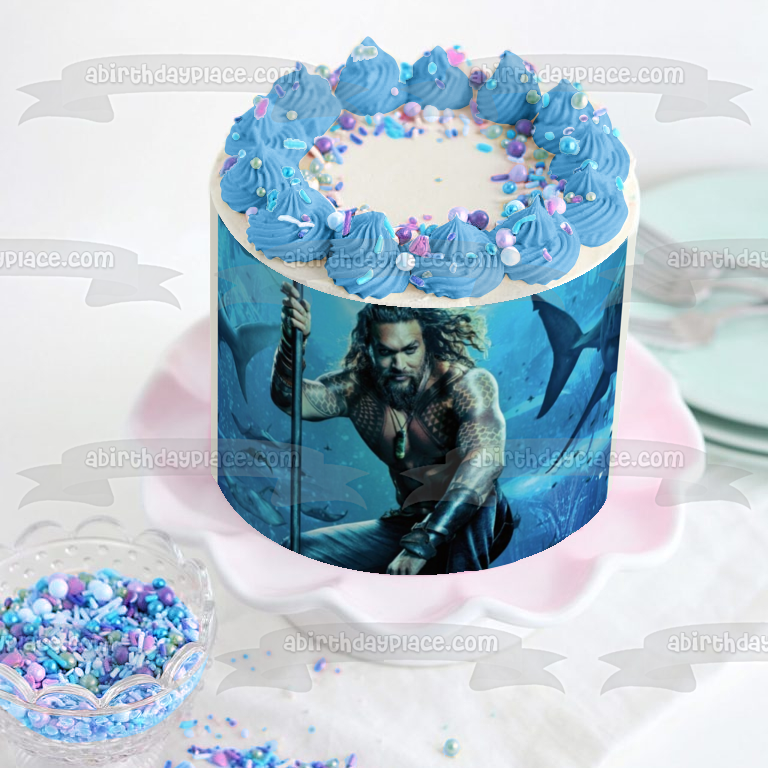 Aquaman Under Water Sharks and Fish Swimming Edible Cake Topper Image ABPID01267