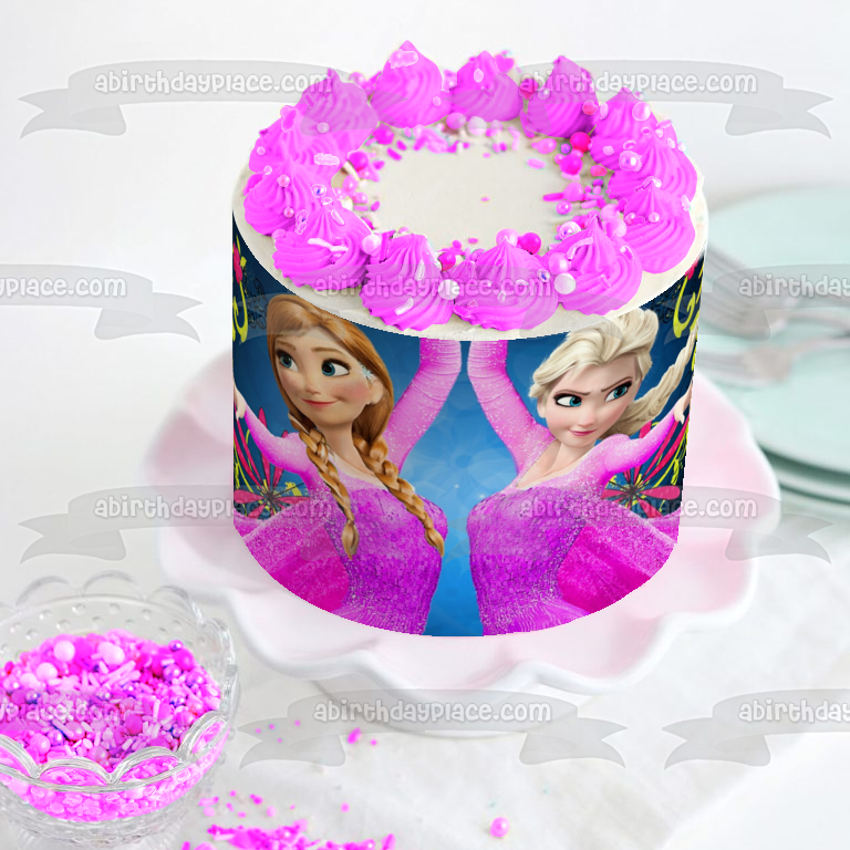 Imagen de decoración comestible para tarta con vestidos de baile rosas y flores de Frozen Anna Elsa ABPID01271 