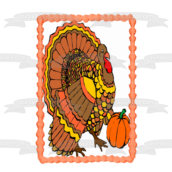 Happy Thanksgiving Colorful Turkey and a Pumpkin Edible Cake Topper Image ABPID01288