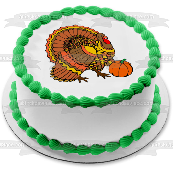 Happy Thanksgiving Colorful Turkey and a Pumpkin Edible Cake Topper Image ABPID01288