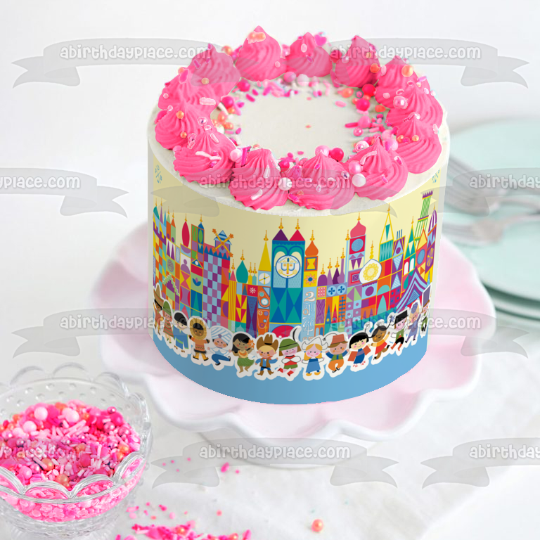 Imagen de decoración comestible para tarta con edificios de dibujos animados de It's a Small World Party ABPID01382 