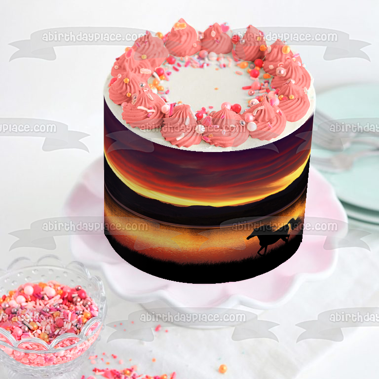 Horse Running Silhouette Sunset Background Edible Cake Topper Image ABPID01413