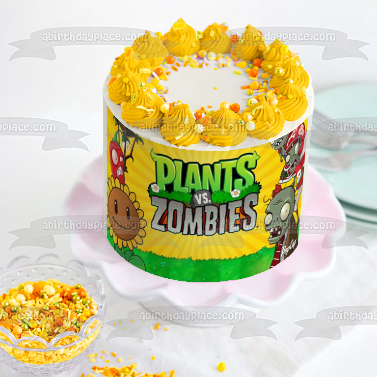 Plantas Vs Zombies Girasol Chili Pepper Zombies con un fondo amarillo Adorno comestible para tarta Imagen ABPID01428 