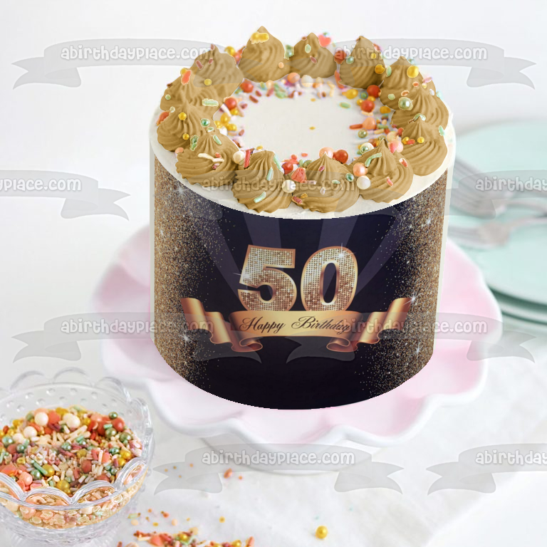 Happy 50th Birthday Gold Sparkles and Banner Edible Cake Topper Image ABPID01491