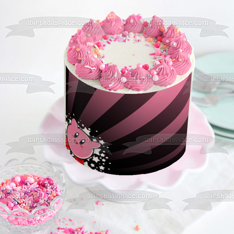 Kirby Stars Pink and a Purple Striped Background Edible Cake Topper Image ABPID01470