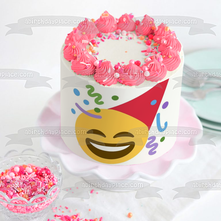 Sombrero de fiesta Emoji feliz con serpentinas Imagen comestible para decoración de tarta ABPID01506 