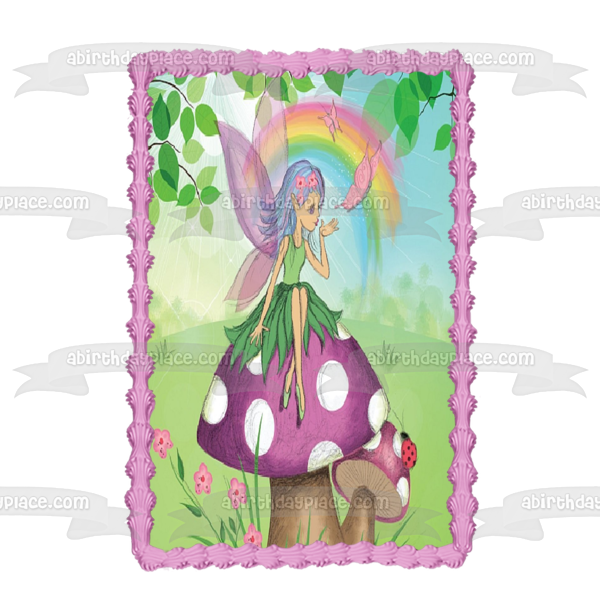 Pixie Fairy Mushroom Rainbow Butterflies Ladybug Edible Cake Topper Image ABPID01620