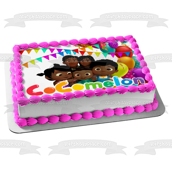 Multiracial Cocomelon Family Happy Birthday Balloons and Banners Edible Cake Topper Image ABPID54640