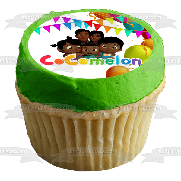 Multiracial Cocomelon Family Happy Birthday Balloons and Banners Edible Cake Topper Image ABPID54640