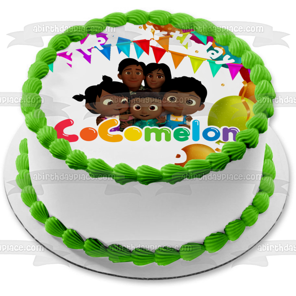 Multiracial Cocomelon Family Happy Birthday Balloons and Banners Edible Cake Topper Image ABPID54640