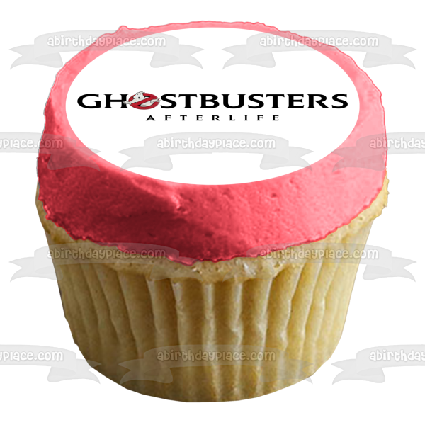 Logotipo de Ghostbusters: Afterlife con Mooglie y un fondo blanco Imagen de adorno comestible para pastel ABPID54663 