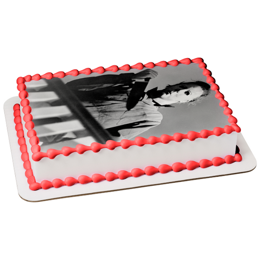 Halloween Michael Myers with a Knife Black and White Photo Edible Cake Topper Image ABPID54951